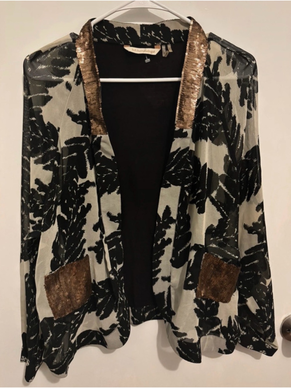 Soft Surroundings Black and Cream Floral Cardigan with Gold Sequin Trim